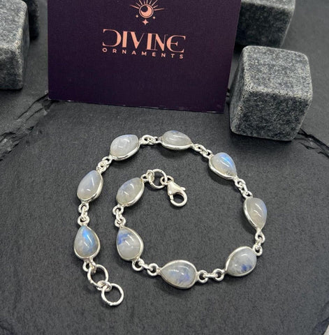 Rainbow Moonstone 925 Sterling Silver Natural Gemstone Bracelet