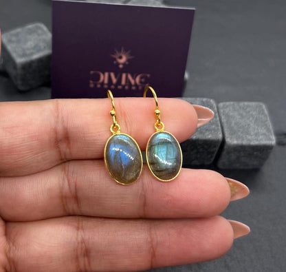 Labradorite 925 Sterling Silver 18 Carat Gold Overlay Gemstone Hook Earring ~ Bezel Setting Earring