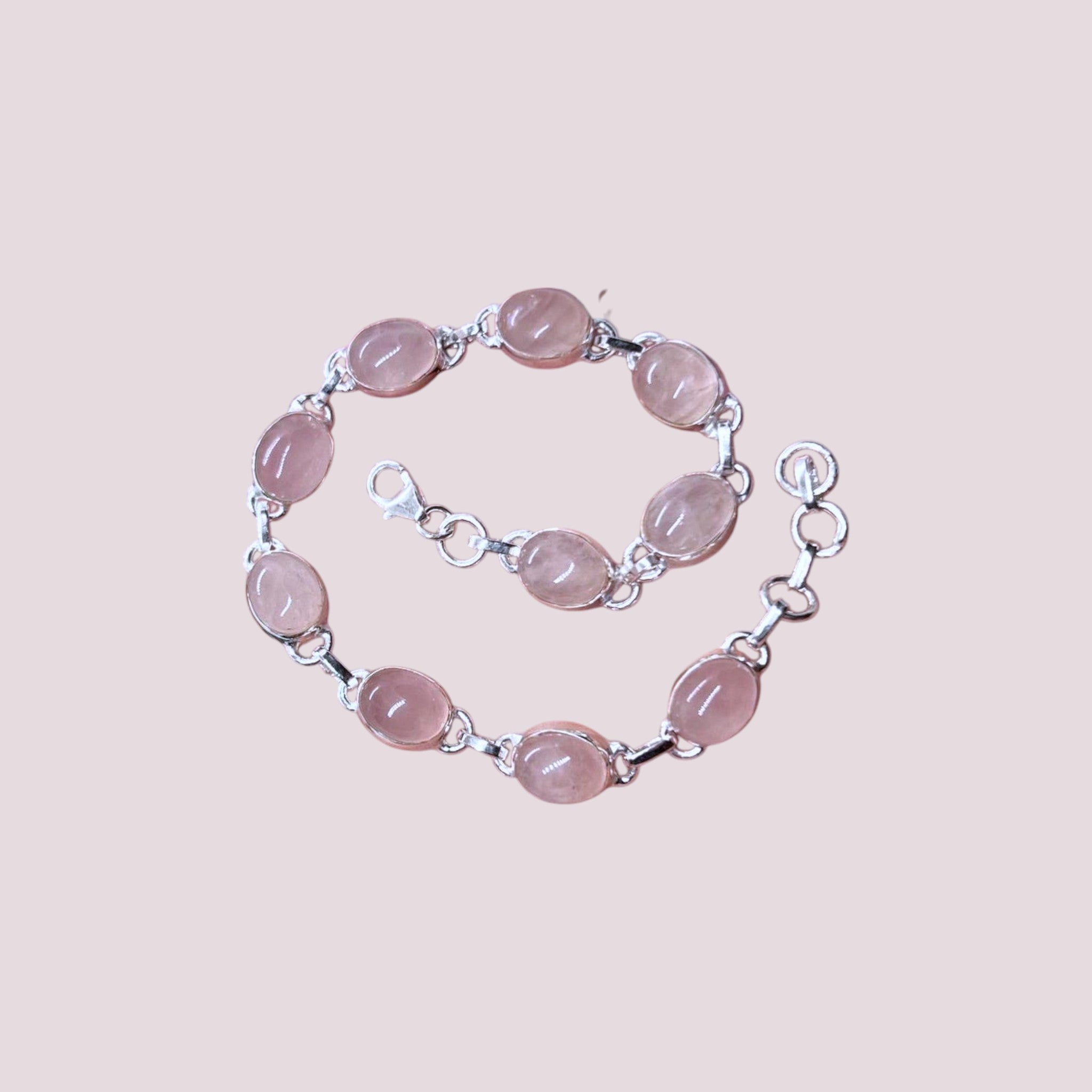 Pink Rose Quartz 925 Sterling Silver Oval Gemstone Adjustable Bracelet