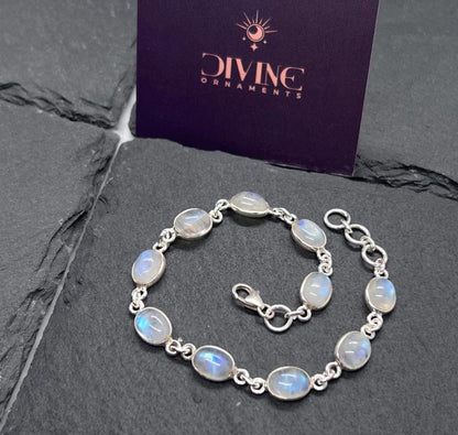 Rainbow Moonstone 925 Sterling Silver Bezel Oval Minimalist Bracelet