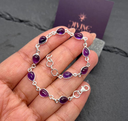 Amethyst 925 Sterling Silver Natural Gemstone Pear Shape Bezel Bracelet