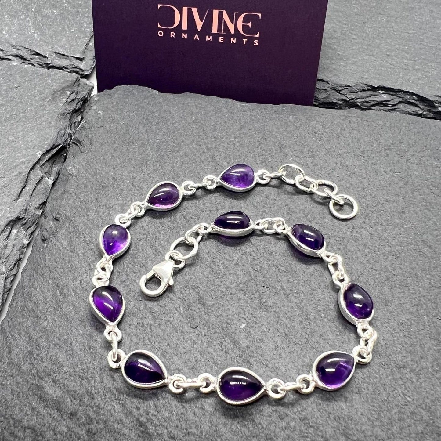 Amethyst 925 Sterling Silver Natural Gemstone Pear Shape Bezel Bracelet