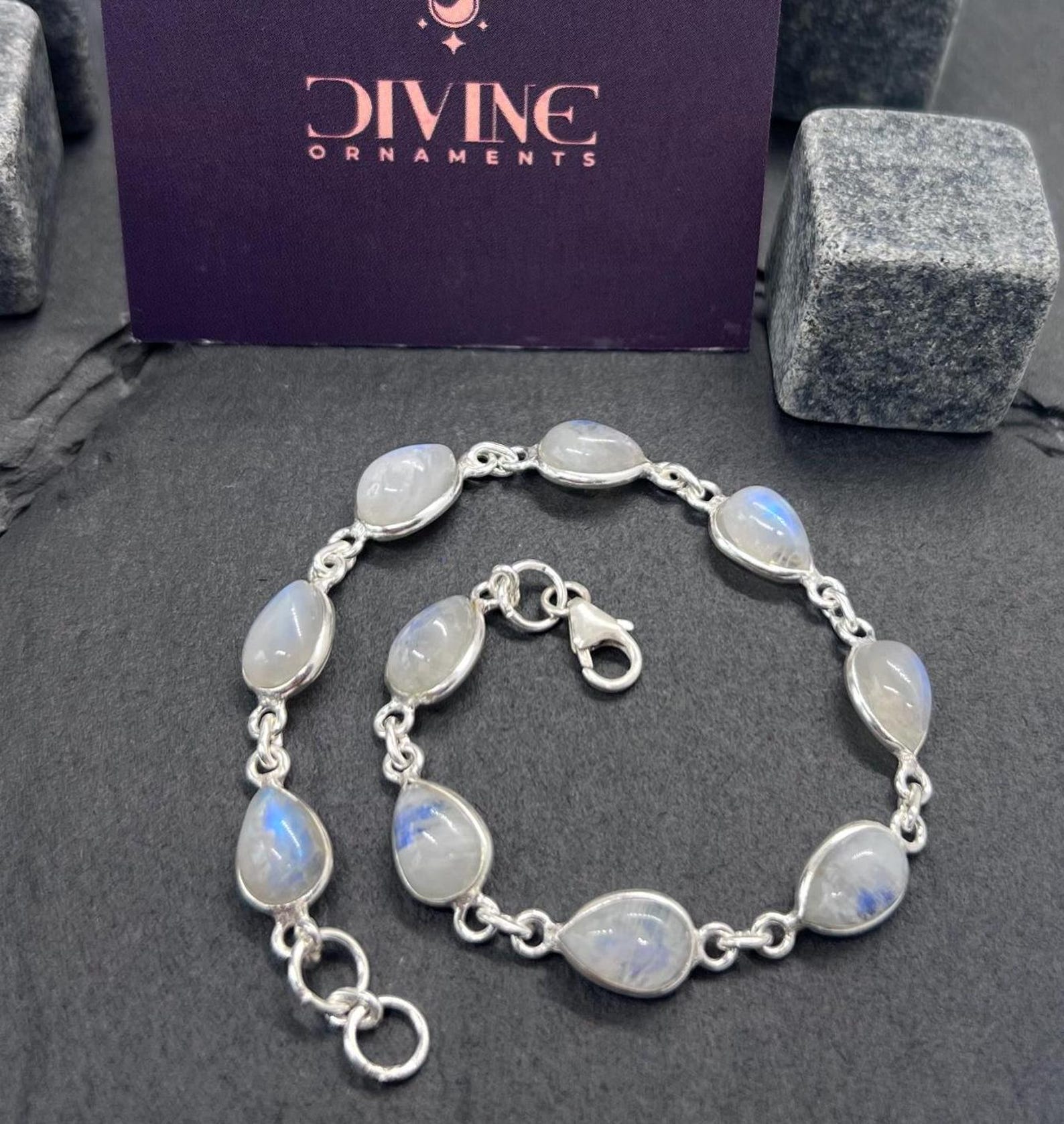 Rainbow Moonstone 925 Sterling Silver Natural Gemstone Bracelet