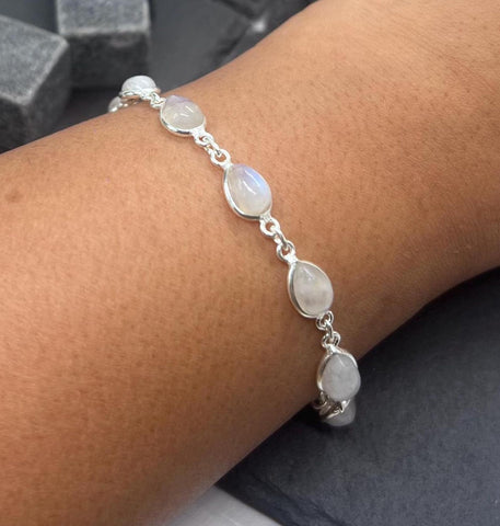Rainbow Moonstone 925 Sterling Silver Natural Gemstone Bracelet