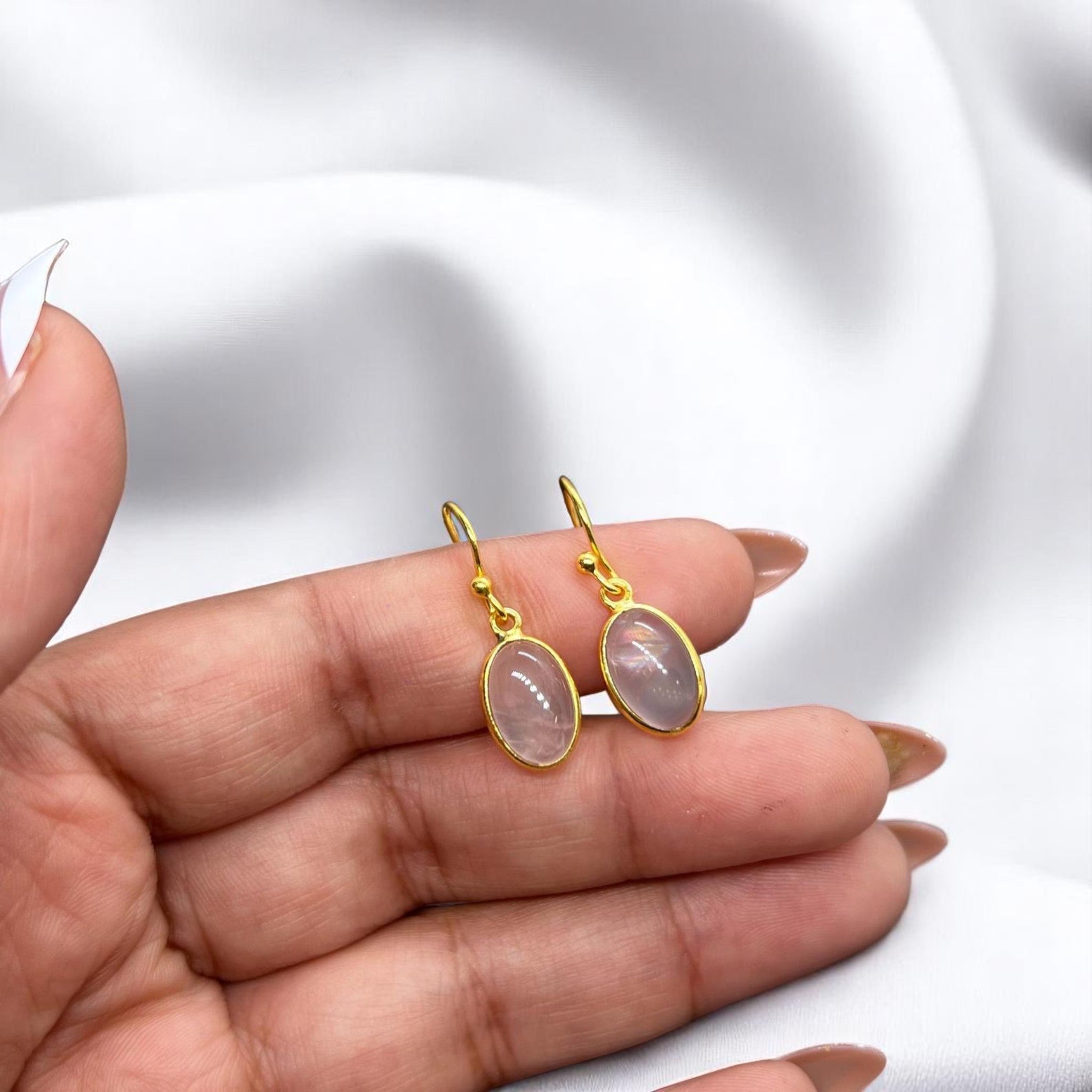 Pink Rose Quartz 925 Sterling Silver 18 Carat Gold Overlay Oval Shape Gemstone 1 PAIR Hook Earring