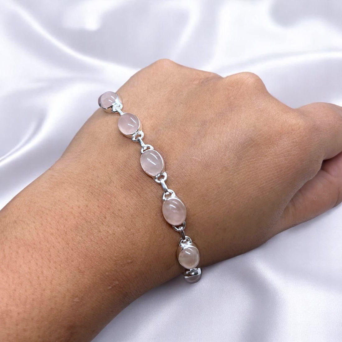 Pink Rose Quartz 925 Sterling Silver Oval Gemstone Adjustable Bracelet