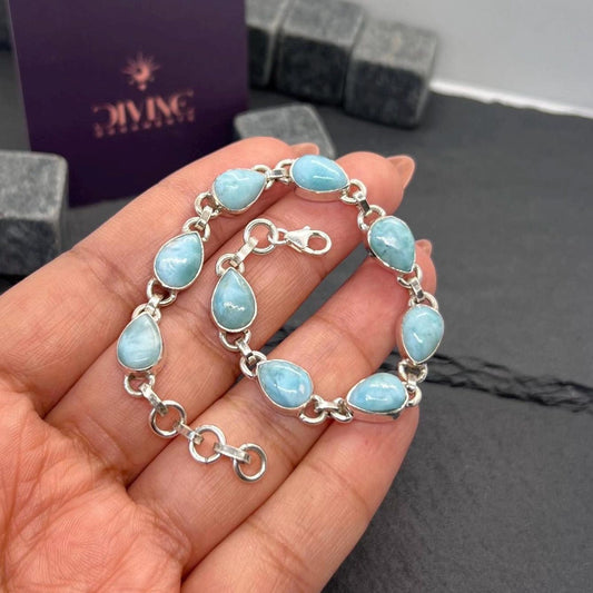 Larimar 925 Sterling Silver Blue Larimar Natural Pear Shape Gemstone Bracelet