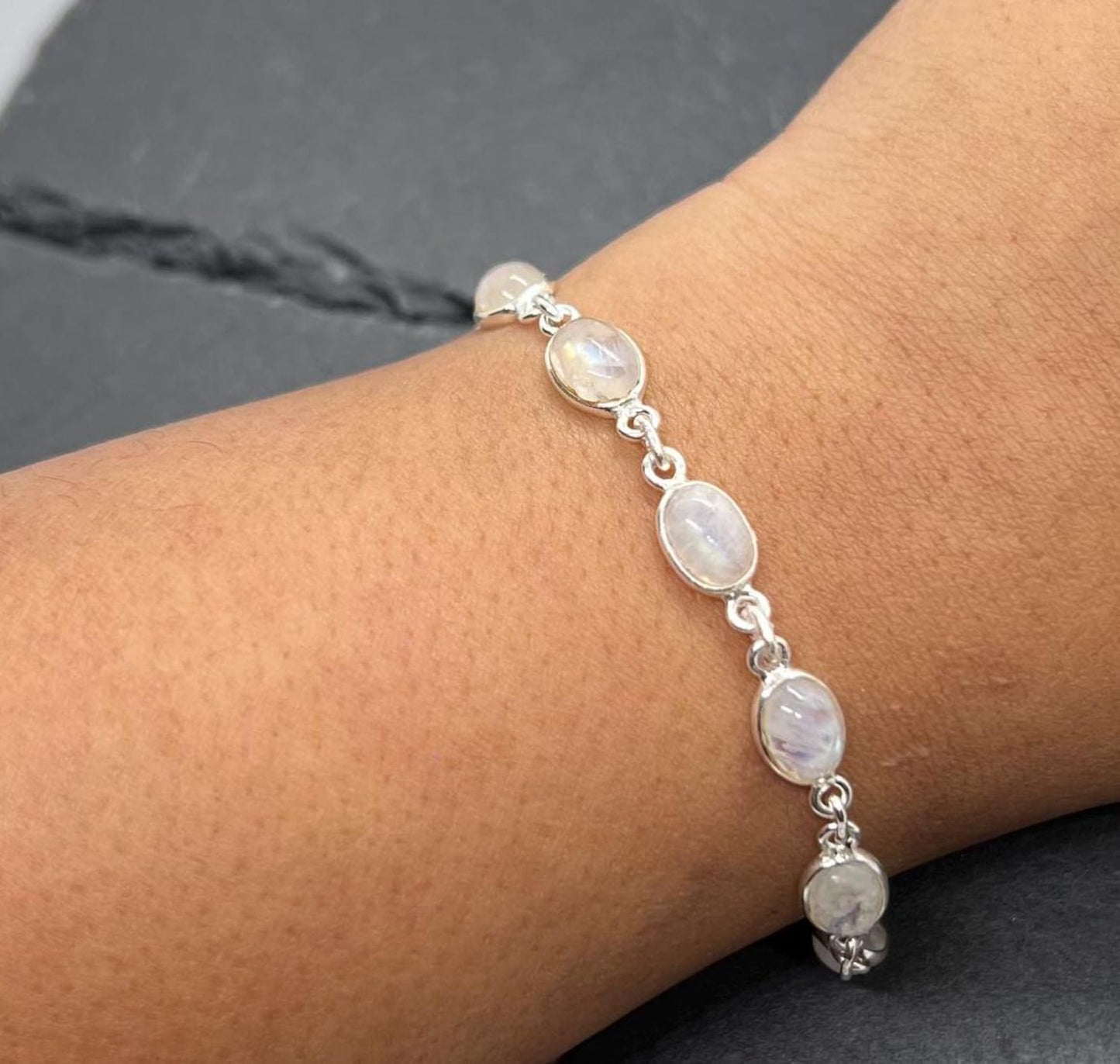 Rainbow Moonstone 925 Sterling Silver Bezel Oval Minimalist Bracelet