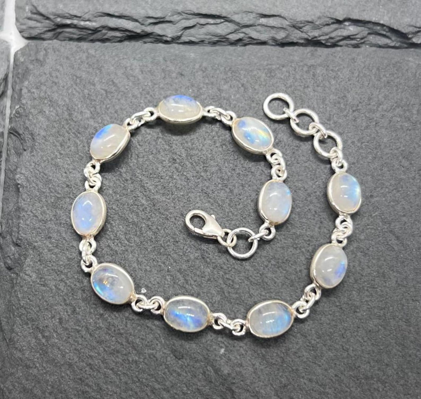 Rainbow Moonstone 925 Sterling Silver Bezel Oval Minimalist Bracelet