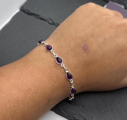 Amethyst 925 Sterling Silver Natural Gemstone Pear Shape Bezel Bracelet