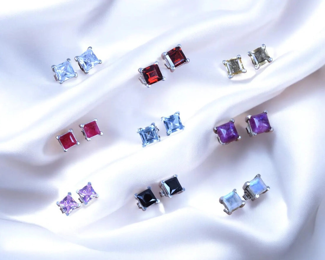 925 Sterling Silver Natural Gemstone Square Stud Earring