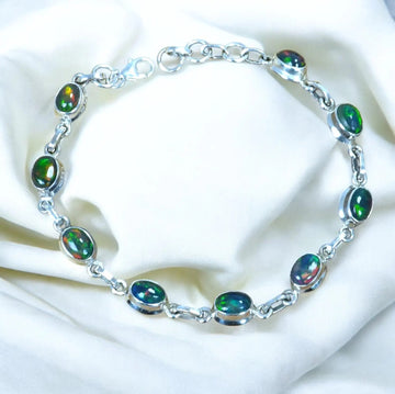 Natural Black Ethiopian Opal 925 Sterling Silver Adjustable 9 Stone Bracelet