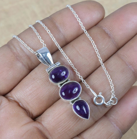 925 Sterling Silver Natural Gemstone 3 Stone Chain Pendant