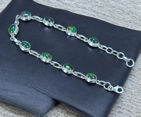 Natural Black Ethiopian Opal 925 Sterling Silver Adjustable 9 Stone Bracelet