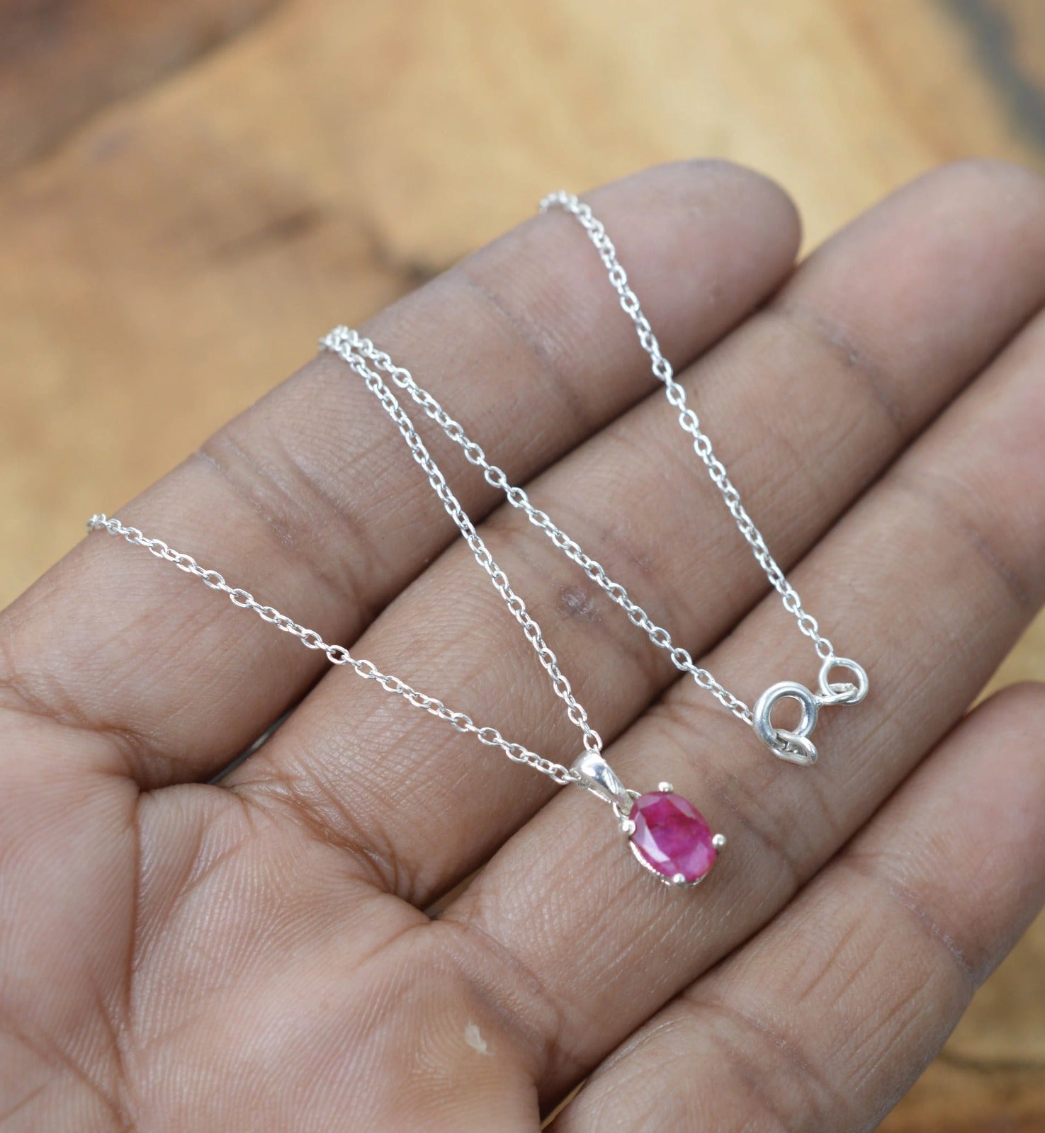 925 Sterling Silver Natural Gemstone Oval Shape Chain Pendant
