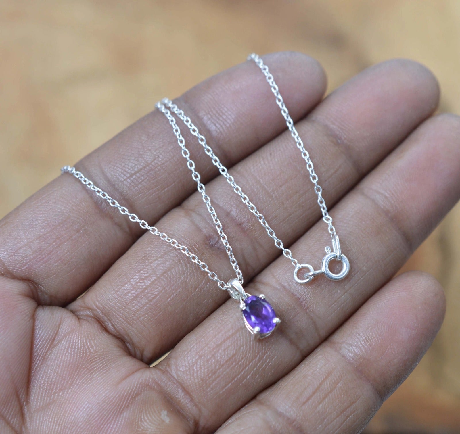 925 Sterling Silver Natural Gemstone Oval Shape Chain Pendant