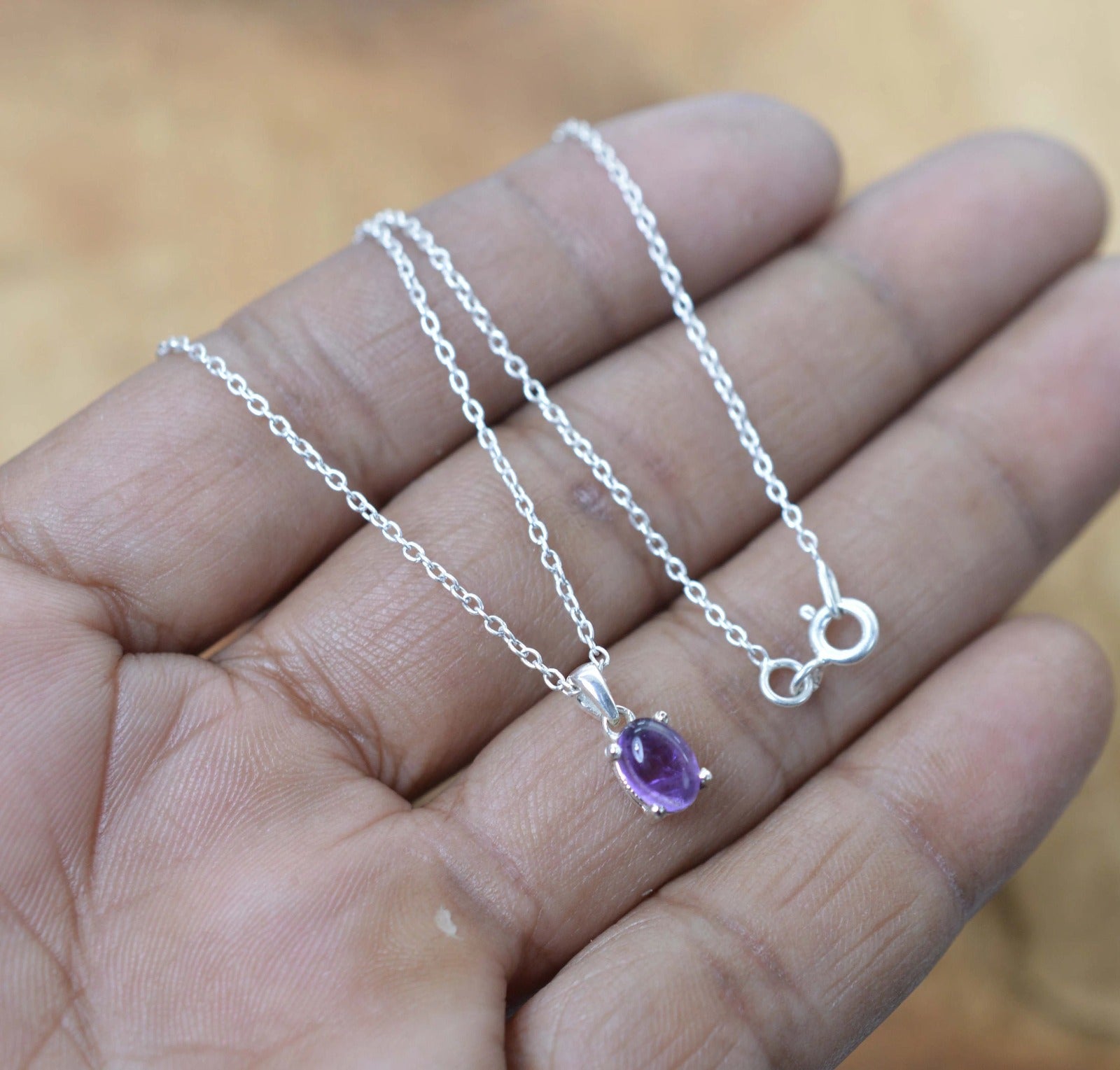 925 Sterling Silver Natural Gemstone Oval Shape Chain Pendant