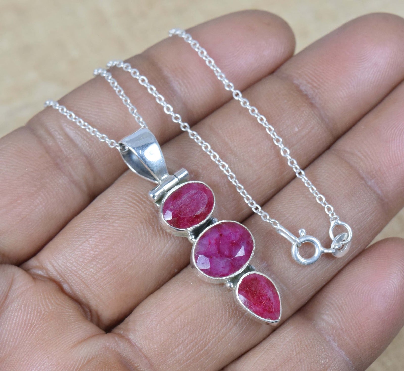 925 Sterling Silver Natural Gemstone 3 Stone Chain Pendant