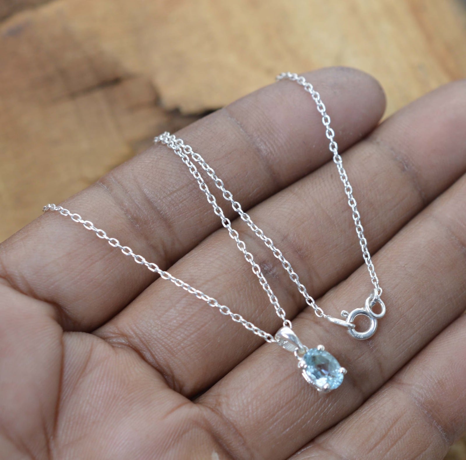 925 Sterling Silver Natural Gemstone Oval Shape Chain Pendant