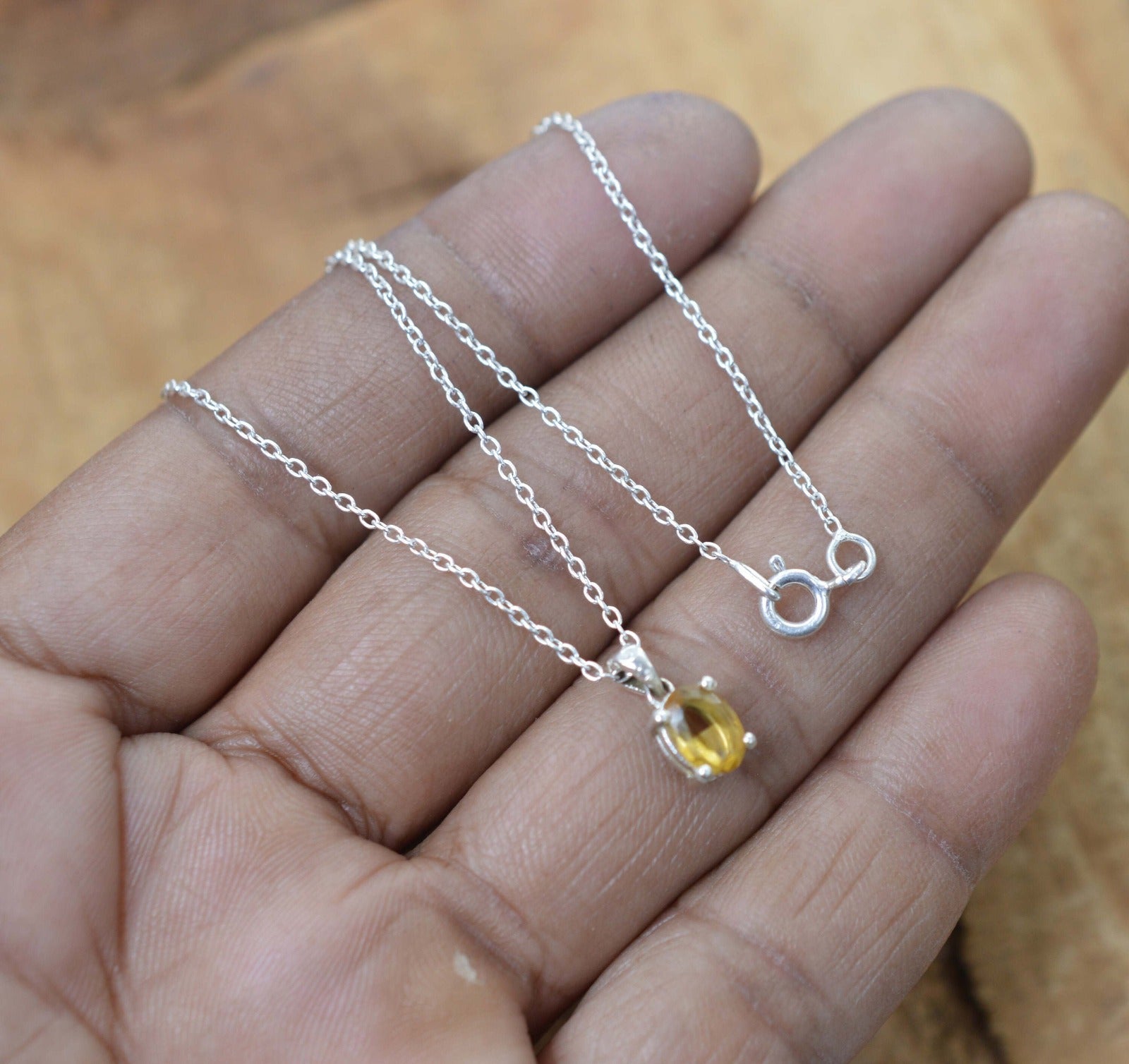 925 Sterling Silver Natural Gemstone Oval Shape Chain Pendant