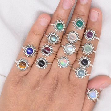 925 Sterling Silver Natural Gemstone Round Flower Ring