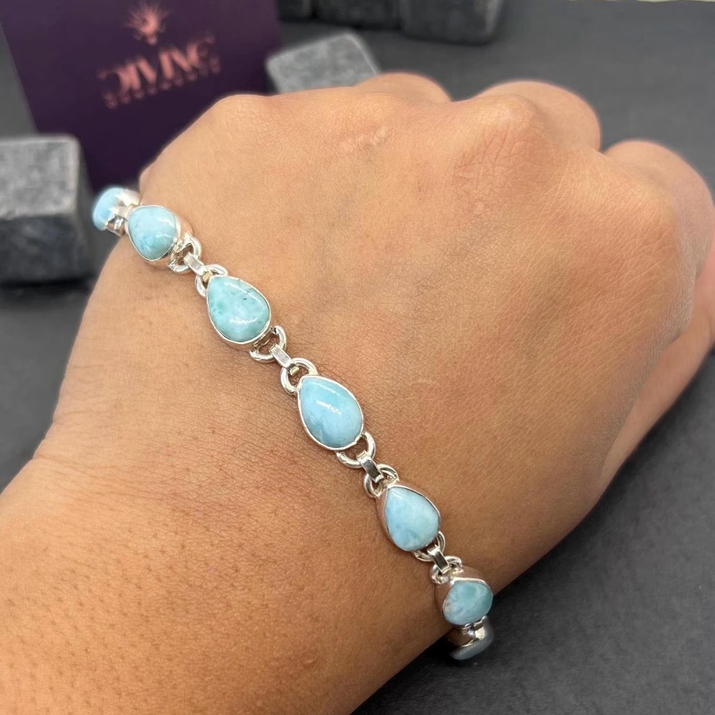 Larimar 925 Sterling Silver Natural Gemstone Adjustable Bracelet