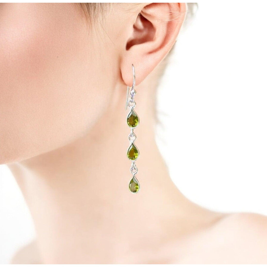 925 Sterling Silver Natural Gemstone 3 stone Hook Earring