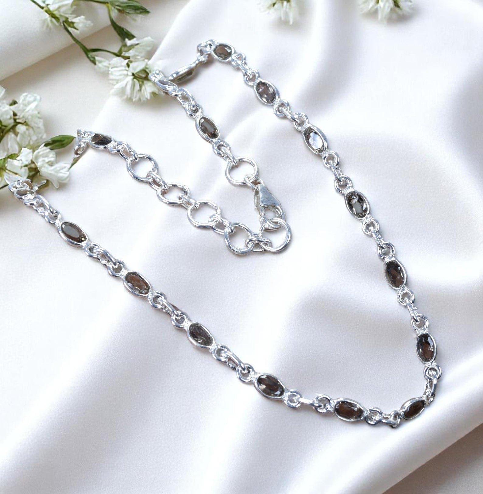 925 Sterling Silver Faceted Natural Gemstone Anklet