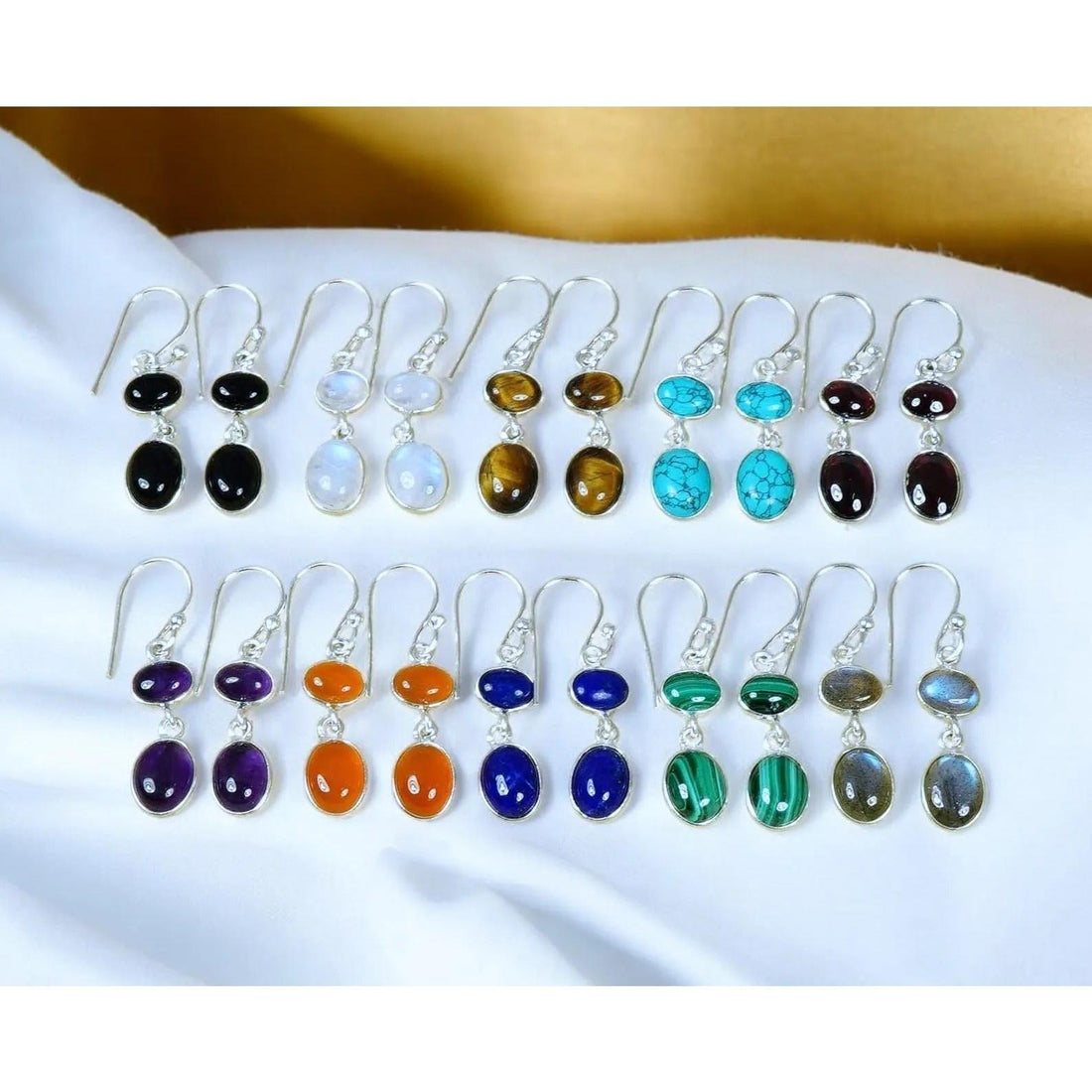 925 Sterling Silver Natural Gemstone 2 Stone Hook Earring