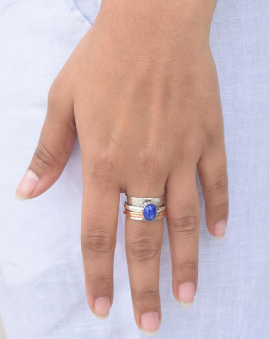 Blue Lapis Lazuli Three Tone 925 Sterling Silver Gemstone Ring