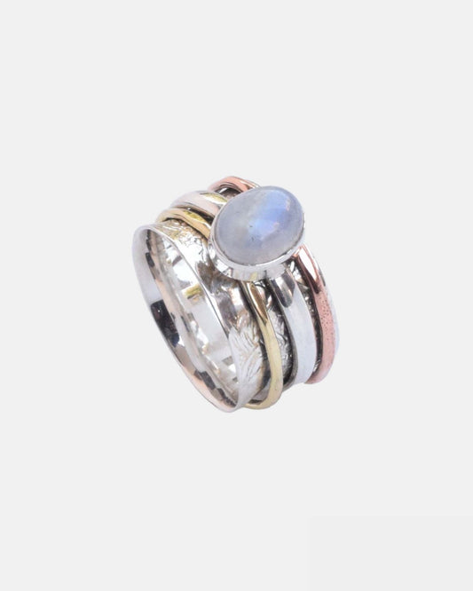 White Rainbow Moonstone Three Tone 925 Sterling Silver Gemstone Ring