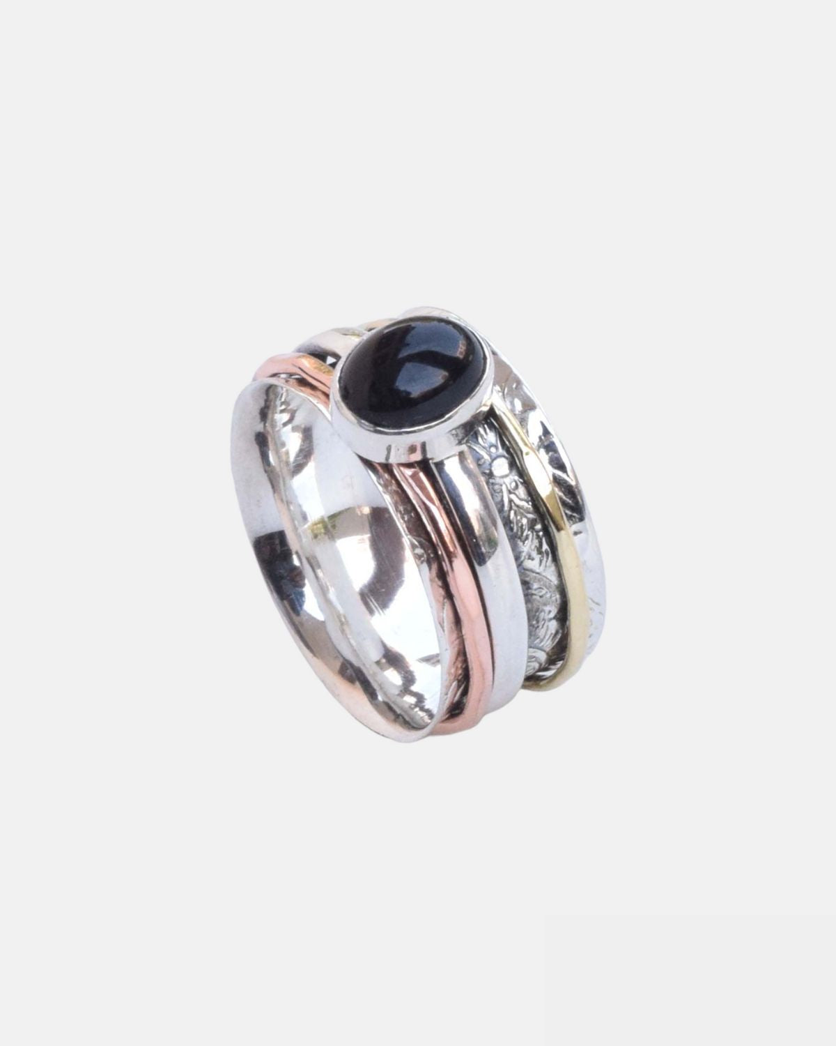 Black Onyx 925 Sterling Silver Gemstone Three Tone Band Ring