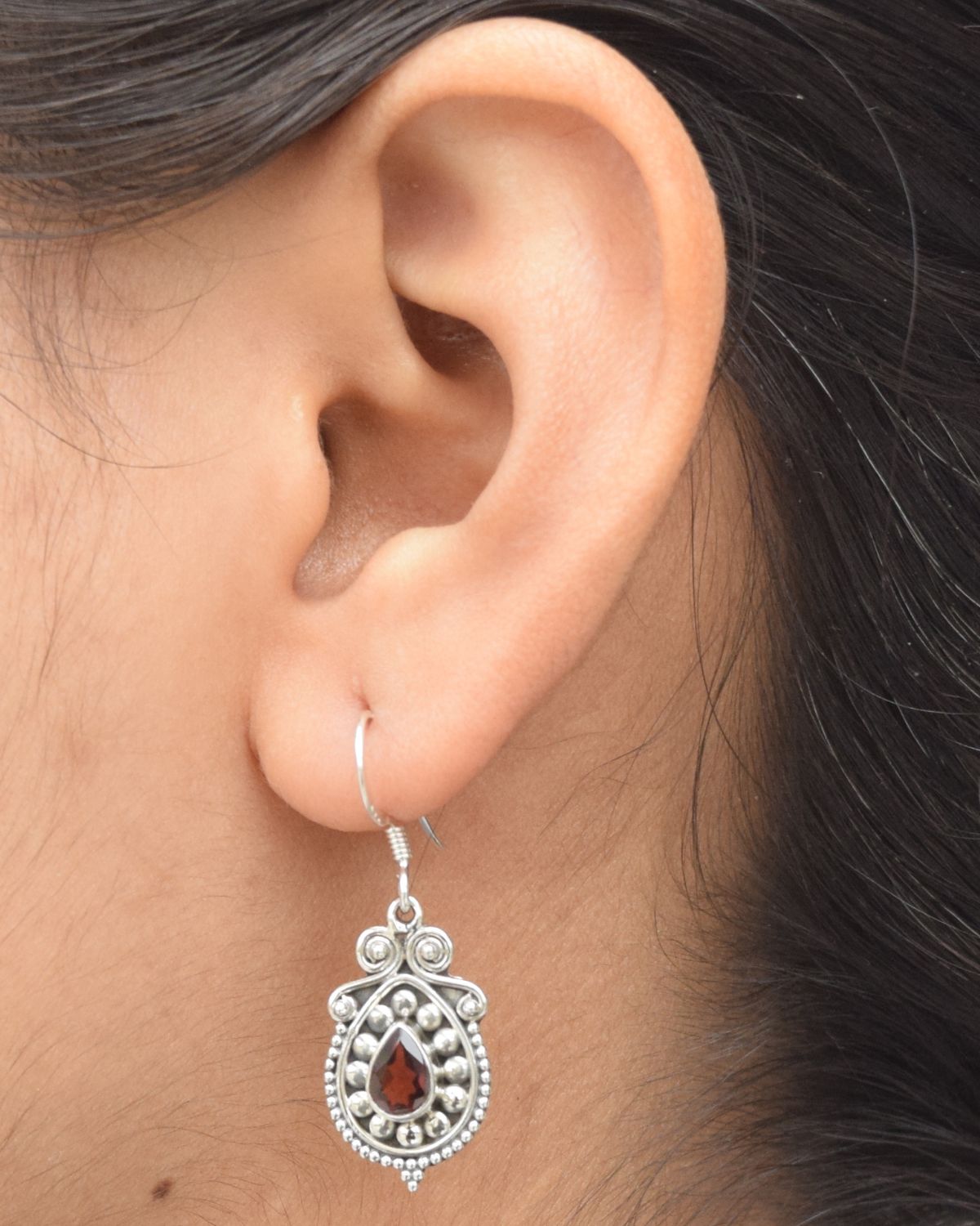 Cut Red garnet 925 Sterling Silver Gemstone Hook Earring