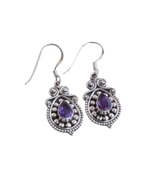 Cut Purple Amethyst 925 Sterling Silver Gemstone Hook Earring