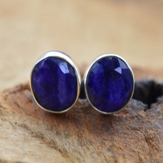 Sapphire 925 Solid Sterling Silver Faceted Gemstone 1 Pair Stud Earring ~ Handmade Jewelry ~ Oval Shape Stud ~ Gift For Birthday
