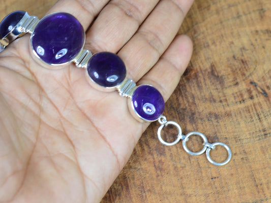Purple Amethyst 925 Sterling Silver Gemstone Adjustable Bracelet ~ 5 Stone Jewelry