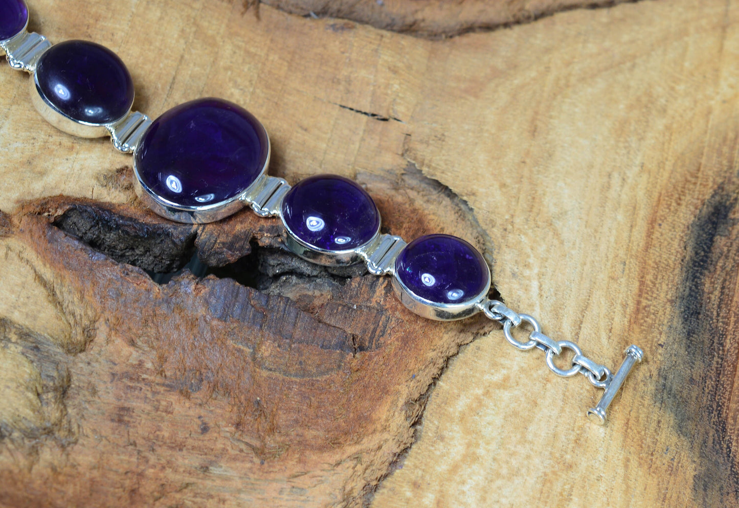 Purple Amethyst 925 Sterling Silver Gemstone Adjustable Bracelet ~ 5 Stone Jewelry
