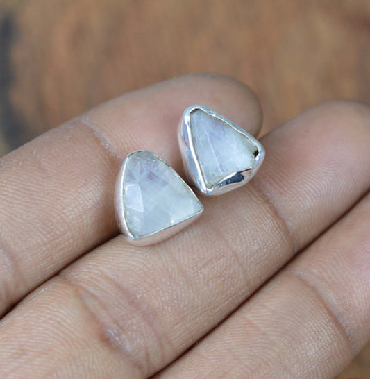 Rough White Rainbow Moonstone 925 Sterling Silver Gemstone 1 PAIR Stud Earring  ~ Handmade Jewelry ~ Rainbow Moonstone ~ Gift For Her