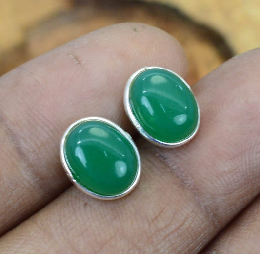 Green Onyx 925 Sterling Silver Gemstone 1 PAIR Stud Earring ~ Handmade Jewelry ~ Oval Stud ~ Elegant Stud ~ Green Onyx ~ Gift For Christmas