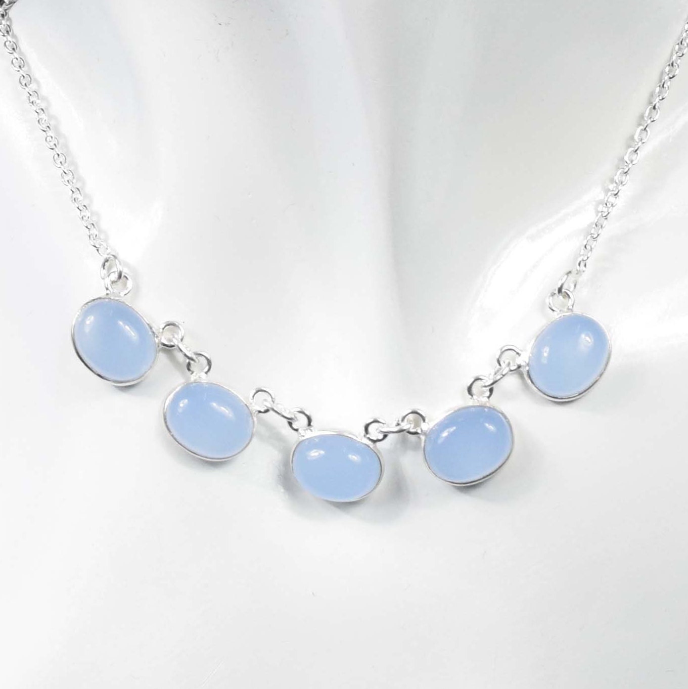 Blue Chalcedony 925 Sterling Silver Oval Gemstone Designer Chain Necklace ~ 5 Stone Necklace ~ Handmade Jewelry ~ Gift For Anniversary