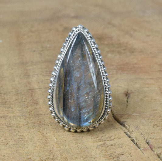 Labradorite 925 Sterling Silver Pear Shape Gemstone Designer Jewelry Ring ~ Natural Labradorite ~ Gift For Birthday ~ Ring Size US- 7/ UK- N